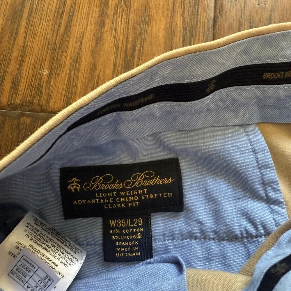 Brooks Brothers Advantage Chino Pants Mens 35x29 Khaki Tan Stretch Clark Fit